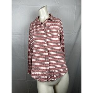 Jones & Co. Jones New York Red White Stripe Linen Blend‎ Button Shirt Size Small